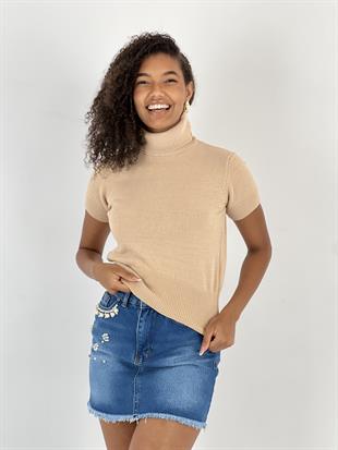 Kadın Kısa Kollu Boğazlı Crop Bej Triko Bluz