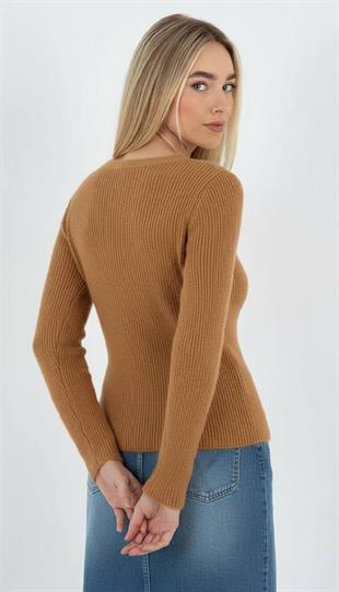 Kadın Kışlık Bisiklet Yaka Fitilli Camel Triko Kazak