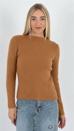 Kadın Kışlık Bisiklet Yaka Fitilli Camel Triko Kazak