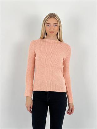 Kadın Kışlık Bisiklet Yaka Fitilli Pudra Triko Kazak