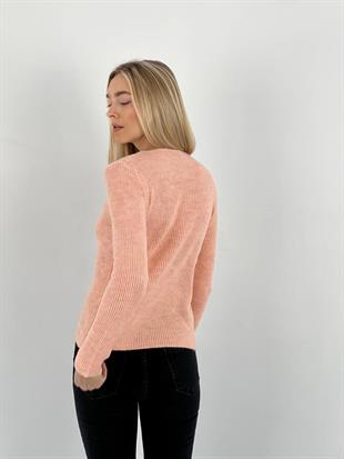 Kadın Kışlık Bisiklet Yaka Fitilli Pudra Triko Kazak