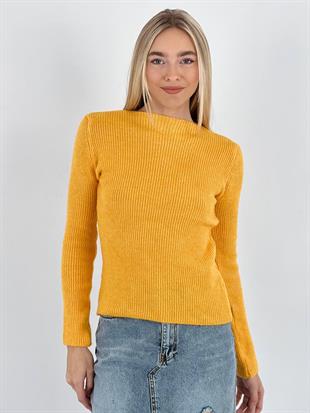 Kadın Kışlık Bisiklet Yaka Fitilli Sarı Triko Kazak