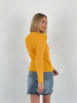 Kadın Kışlık Bisiklet Yaka Fitilli Sarı Triko Kazak