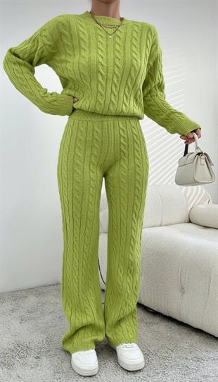 Kadın Kışlık Uzun  Basic Alt-Üst Açık Yeşil Triko Takım