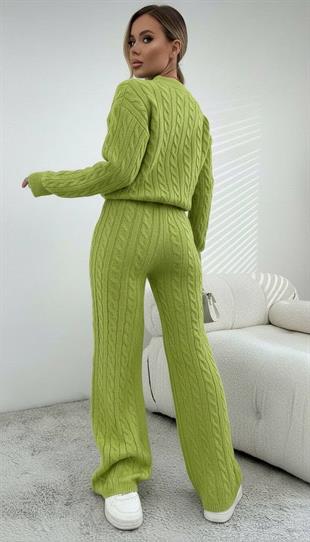 Kadın Kışlık Uzun  Basic Alt-Üst Açık Yeşil Triko Takım
