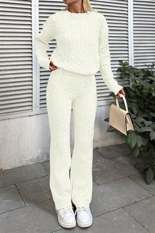 Kadın Kışlık Uzun  Basic Alt-Üst Bej Triko Takım