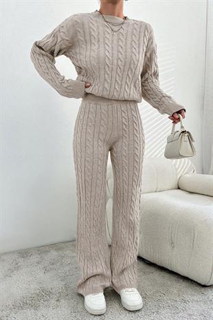 Kadın Kışlık Uzun  Basic Alt-Üst Bej Triko Takım