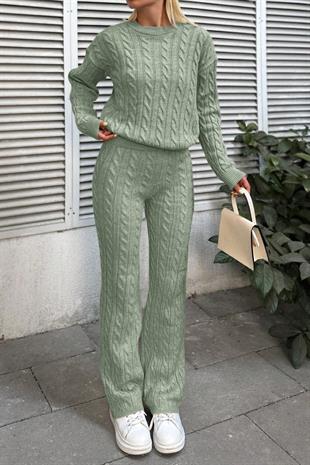 Kadın Kışlık Uzun  Basic Alt-Üst Bej Triko Takım