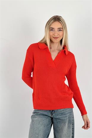 Kadın Kışlık V Yaka Turuncu Triko Kazak