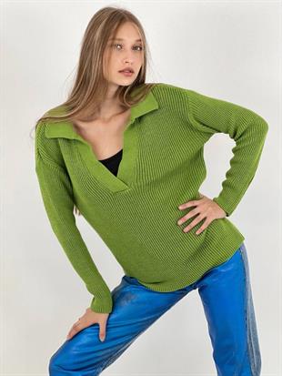 Kadın Kışlık V Yaka Yeşil Triko Kazak