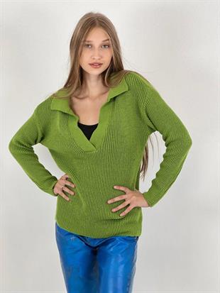 Kadın Kışlık V Yaka Yeşil Triko Kazak