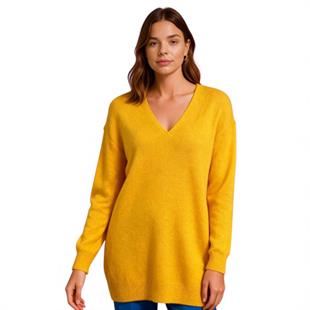 Kadın Kışlık V Yakalı Uzun Oversize Sarı Triko Kazak