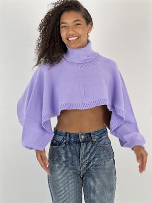 Kadın Kol ve Alt KIsmı Açık Lila Crop Kazak