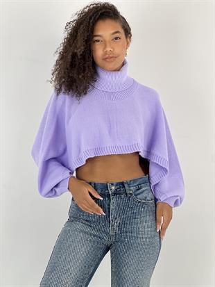Kadın Kol ve Alt KIsmı Açık Lila Crop Kazak