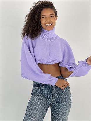 Kadın Kol ve Alt KIsmı Açık Lila Crop Kazak