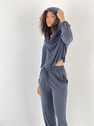 Kadın Kol ve Paçaları Lastikli Kapüşonlu Lacivert İkili Takım