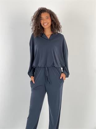 Kadın Kol ve Paçaları Lastikli Kapüşonlu Lacivert İkili Takım