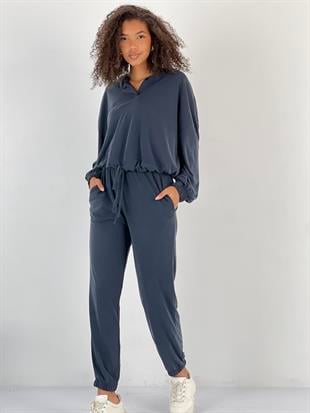 Kadın Kol ve Paçaları Lastikli Kapüşonlu Lacivert İkili Takım