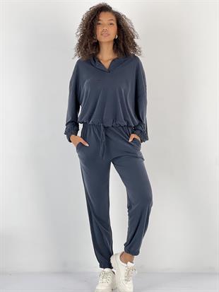 Kadın Kol ve Paçaları Lastikli Kapüşonlu Lacivert İkili Takım