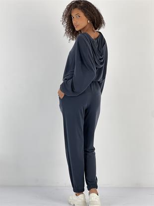 Kadın Kol ve Paçaları Lastikli Kapüşonlu Lacivert İkili Takım