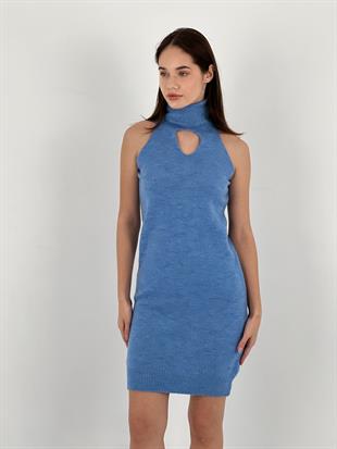 Kadın Kolsuz Göğüs Dekolteli Mavi Triko Elbise