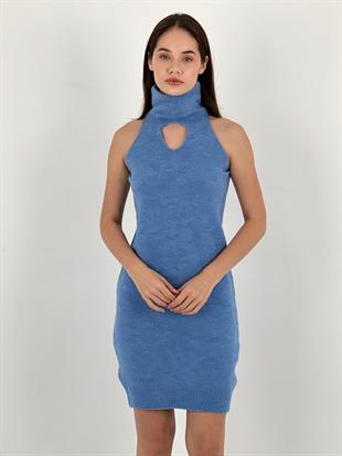 Kadın Kolsuz Göğüs Dekolteli Mavi Triko Elbise