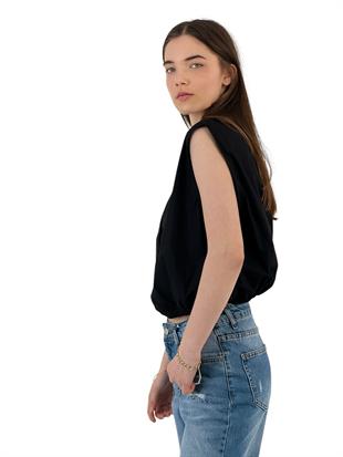 Kadın Kolsuz Lastikli Bel Kısa Crop Gömlek