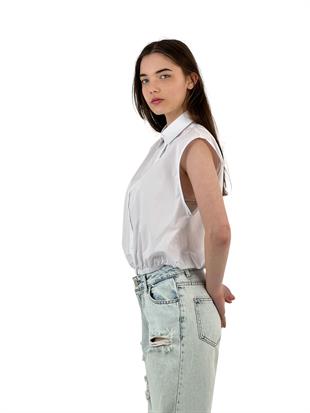 Kadın Kolsuz Lastikli Bel Kısa Crop Gömlek