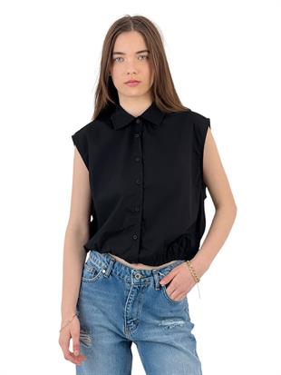Kadın Kolsuz Lastikli Bel Kısa Crop Gömlek