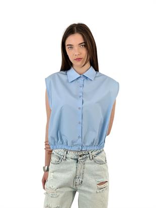 Kadın Kolsuz Lastikli Bel Kısa Crop Gömlek