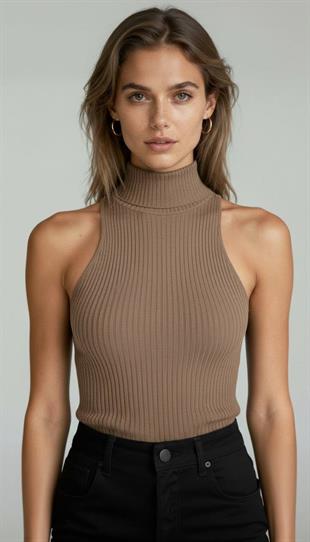 Kadın Kolsuz Slim Fit Boğazlı Fitilli Kısa Kahverengi Triko Crop