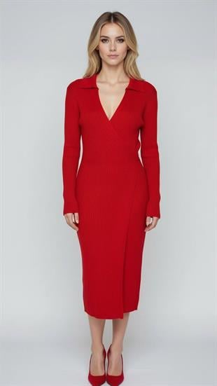Kadın Kruvaze Bağlamalı Fitilli Kırmızı Triko Elbise