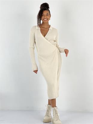 Kadın Kruvaze Bağlamalı Fitilli Taş Triko Elbise