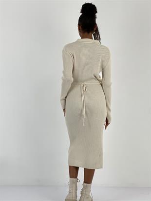 Kadın Kruvaze Bağlamalı Fitilli Taş Triko Elbise