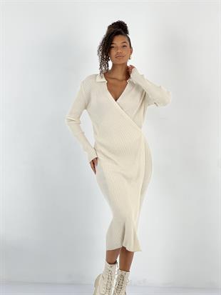 Kadın Kruvaze Bağlamalı Fitilli Taş Triko Elbise