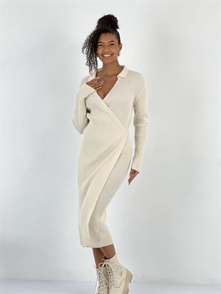 Kadın Kruvaze Bağlamalı Fitilli Taş Triko Elbise