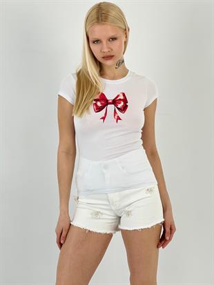 Kadın Kurdele Baskılı %100 Pamuk Beyaz Tişört