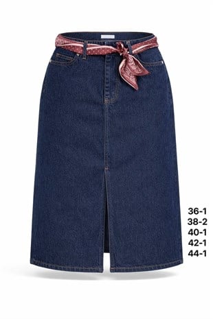 Kadın Lacivert Fular Kemer Detaylı Yırtmaçlı Denim Midi Etek-75472-2