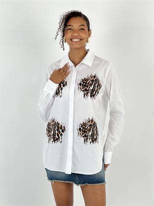 Kadın Leopar Baskı Gizli Düğmeli Beyaz Gömlek