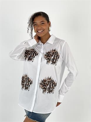 Kadın Leopar Baskı Gizli Düğmeli Beyaz Gömlek