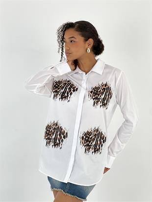 Kadın Leopar Baskı Gizli Düğmeli Beyaz Gömlek