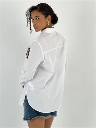 Kadın Leopar Baskı Gizli Düğmeli Beyaz Gömlek