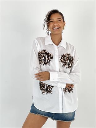 Kadın Leopar Baskı Gizli Düğmeli Beyaz Gömlek
