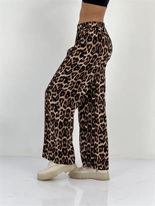 Kadın Leopar Desenli Bej Bol Pantolon