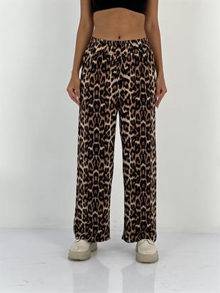 Kadın Leopar Desenli Bej Bol Pantolon