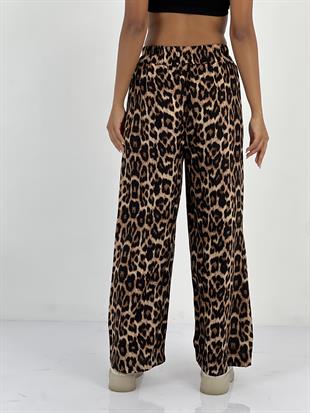 Kadın Leopar Desenli Bej Bol Pantolon