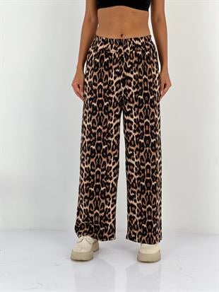 Kadın Leopar Desenli Bej Bol Pantolon