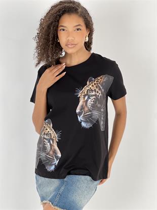 Kadın Leopar Desenli Siyah Tişört