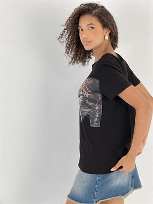 Kadın Leopar Desenli Siyah Tişört