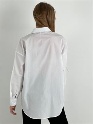 Kadın Leopar Varak Desenli Oversize Gömlek - Beyaz